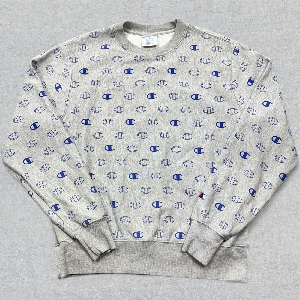 Champion Reverse Weave Sweatshirt Men's Large Gray Fleece AOP Crewneck Retro